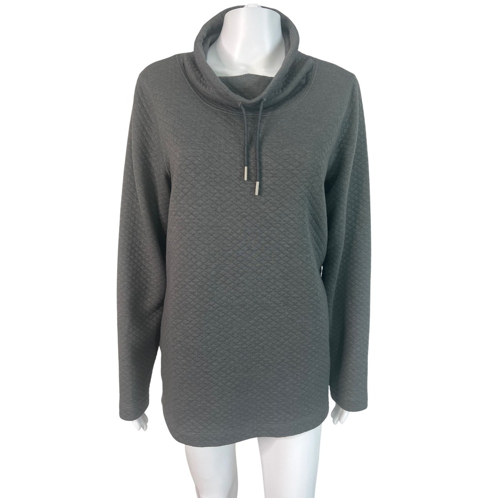 LL Bean Womens Sweatshirt Quilted Cowl Neck Pullover Gray Snap Side